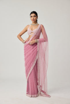 VVANI VATS - Onion Pink Pearl Scattered Net saree set