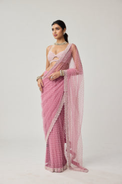 VVANI VATS - Onion Pink Pearl Scattered Net saree set