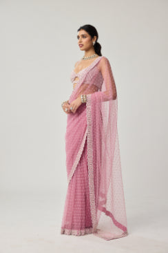 Onion Pink Pearl Scattered Net saree set