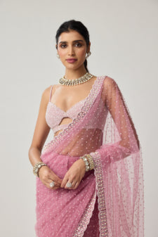 Onion Pink Pearl Scattered Net saree set