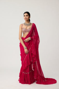 VVANI VATS - Crimson Red Ruffle Sequins Mirror Saree Set