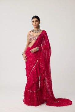 VVANI VATS - Crimson Red Ruffle Sequins Mirror Saree Set
