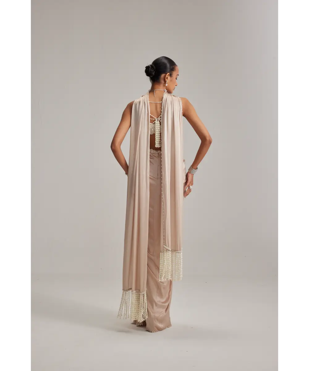 VVANI VATS- Light Beige Satin draped skirt set