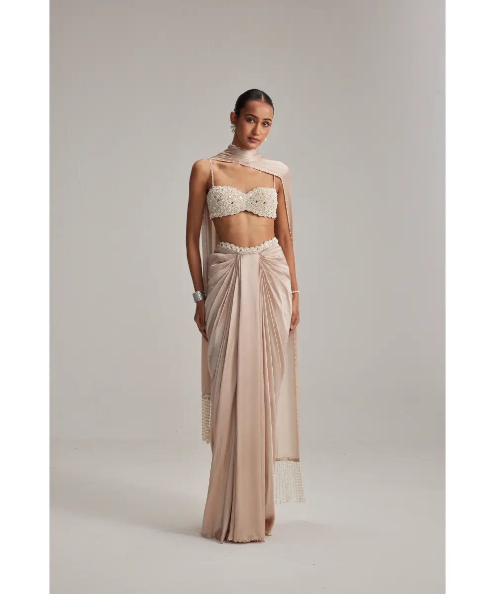 VVANI VATS- Light Beige Satin draped skirt set
