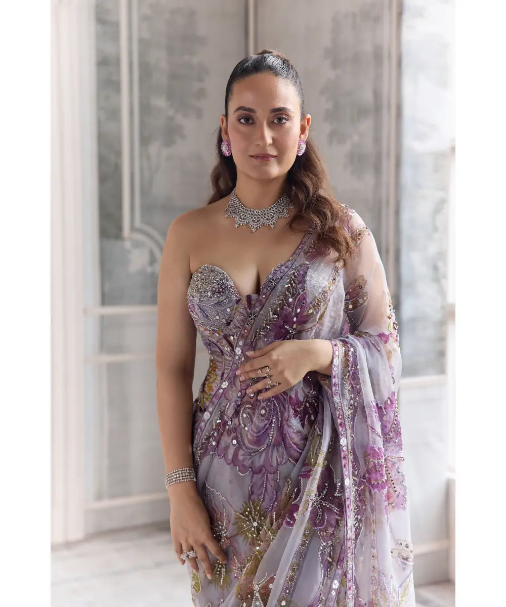 HEAVY EMBROIDERED CORSET TOP  PAIRED WITH EMBROIDERED PREDRAPED  SAREE - ZAHIRA