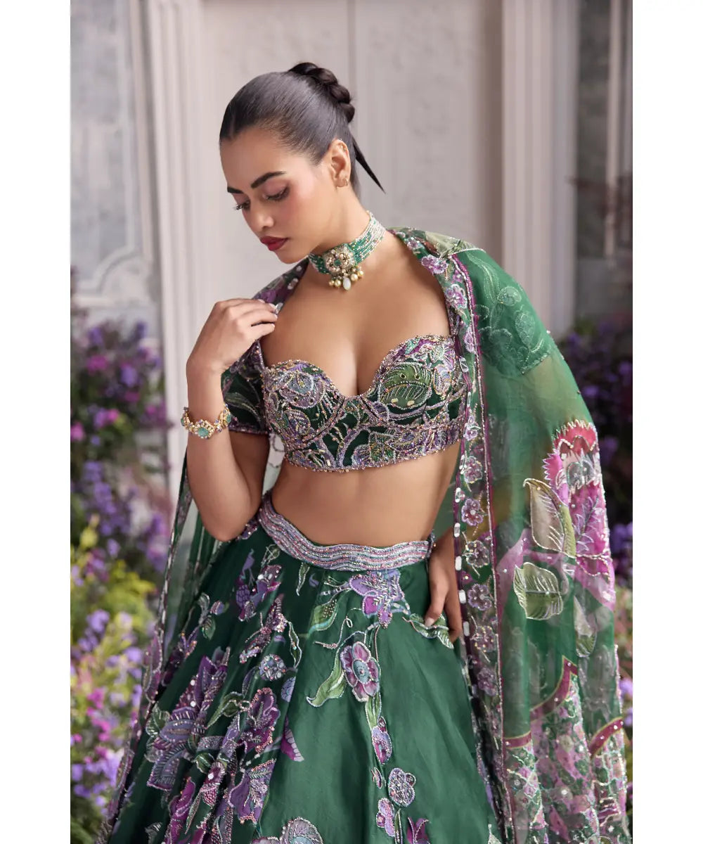 Forest Green Embroidered Lehenga set - Adaia