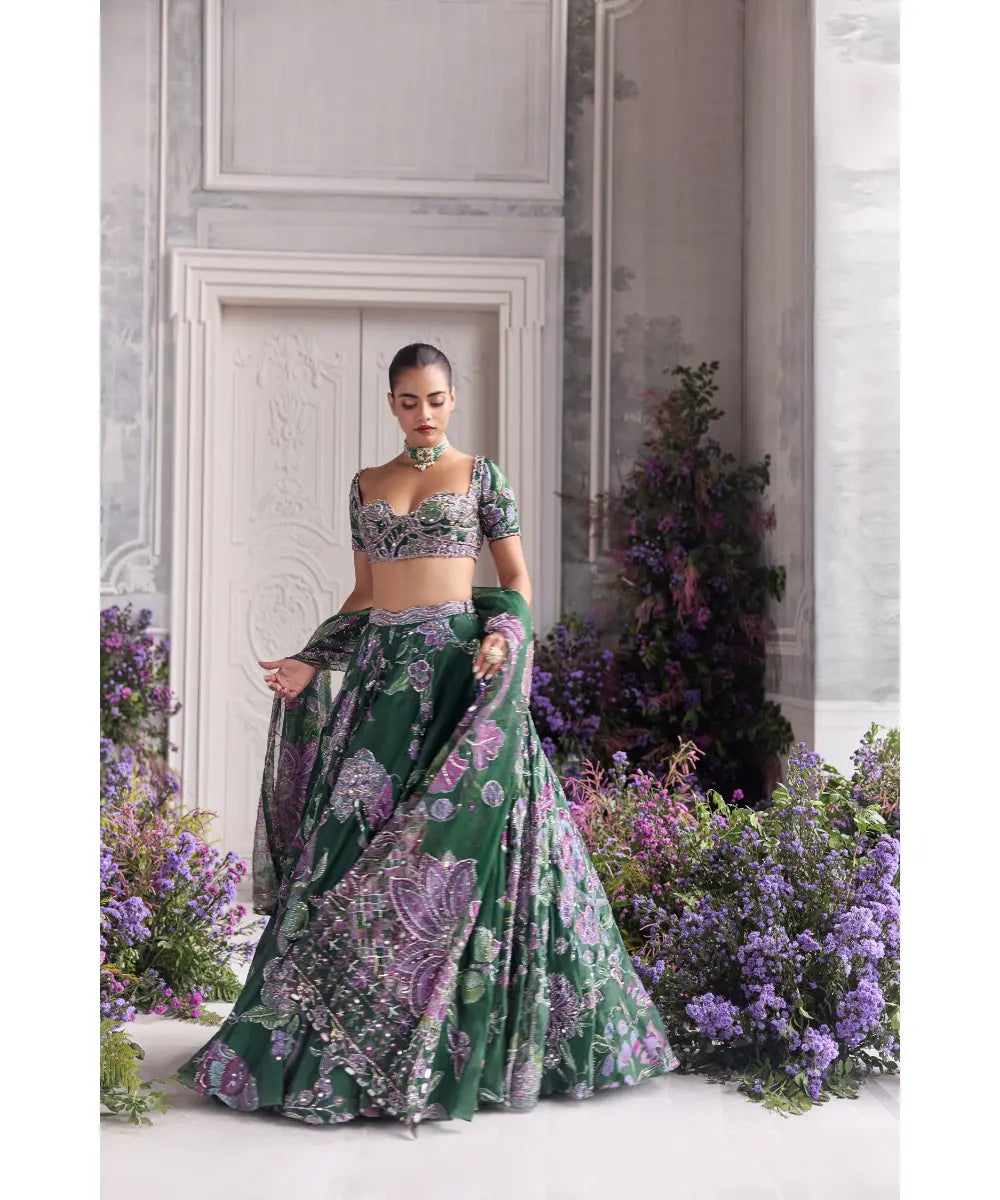 Forest Green Embroidered Lehenga set - Adaia