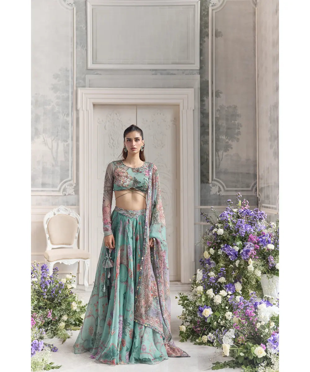 EMBROIDERED FULL SLEEVES BLOUSE  PAIRED WITH EMBROIDERED DUPATTA AND  FLORAL LEHENGA - AYAT