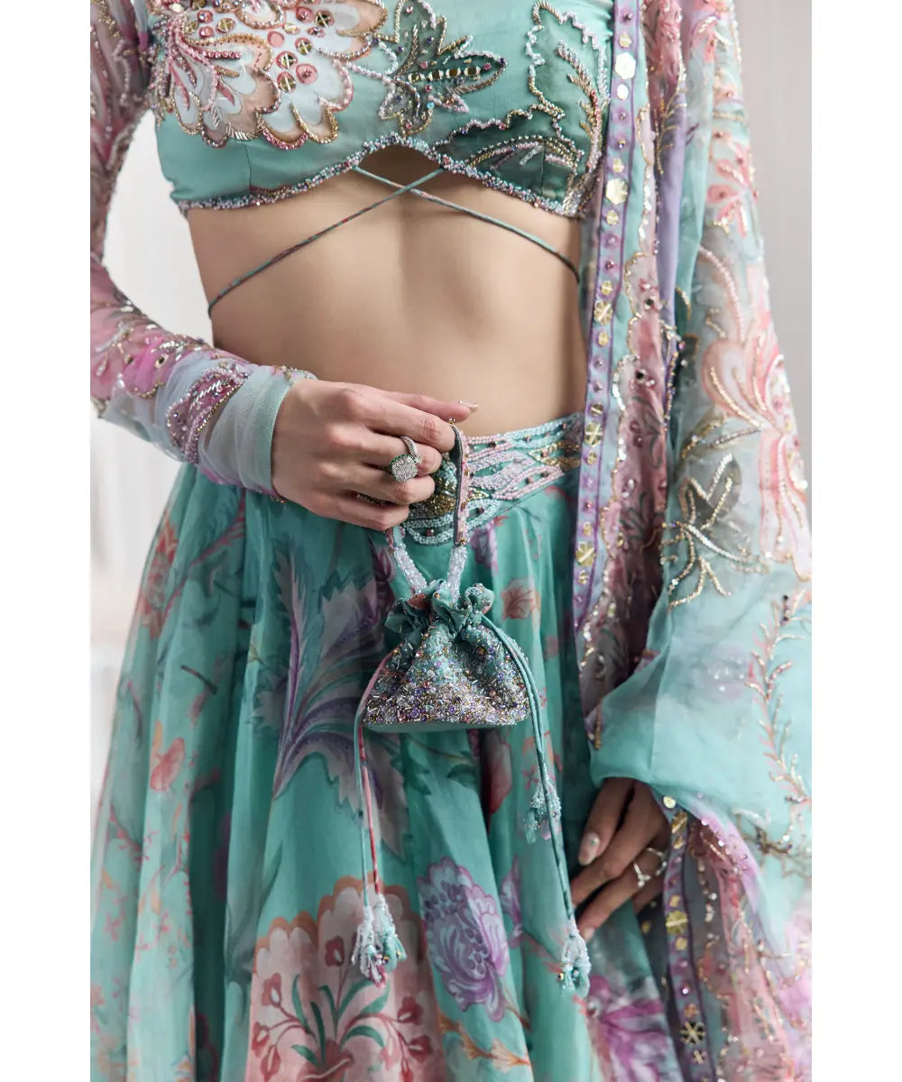 EMBROIDERED FULL SLEEVES BLOUSE  PAIRED WITH EMBROIDERED DUPATTA AND  FLORAL LEHENGA - AYAT