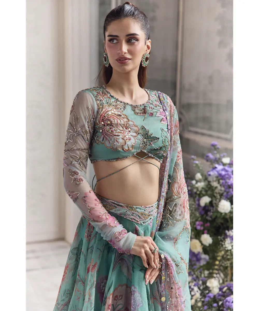 EMBROIDERED FULL SLEEVES BLOUSE  PAIRED WITH EMBROIDERED DUPATTA AND  FLORAL LEHENGA - AYAT