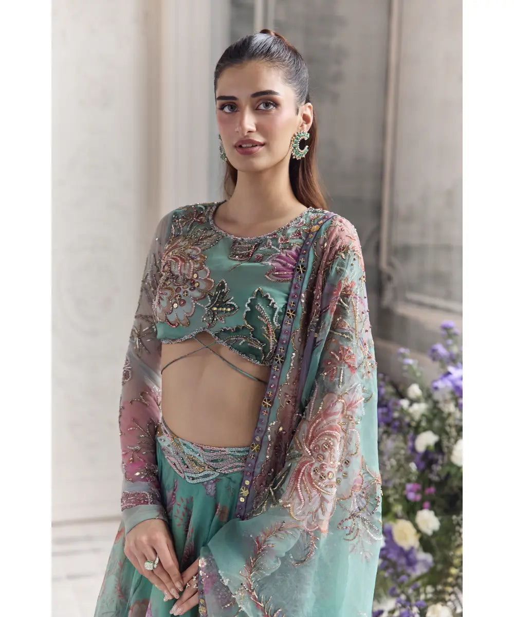 EMBROIDERED FULL SLEEVES BLOUSE  PAIRED WITH EMBROIDERED DUPATTA AND  FLORAL LEHENGA - AYAT