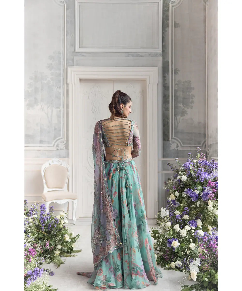 EMBROIDERED FULL SLEEVES BLOUSE  PAIRED WITH EMBROIDERED DUPATTA AND  FLORAL LEHENGA - AYAT