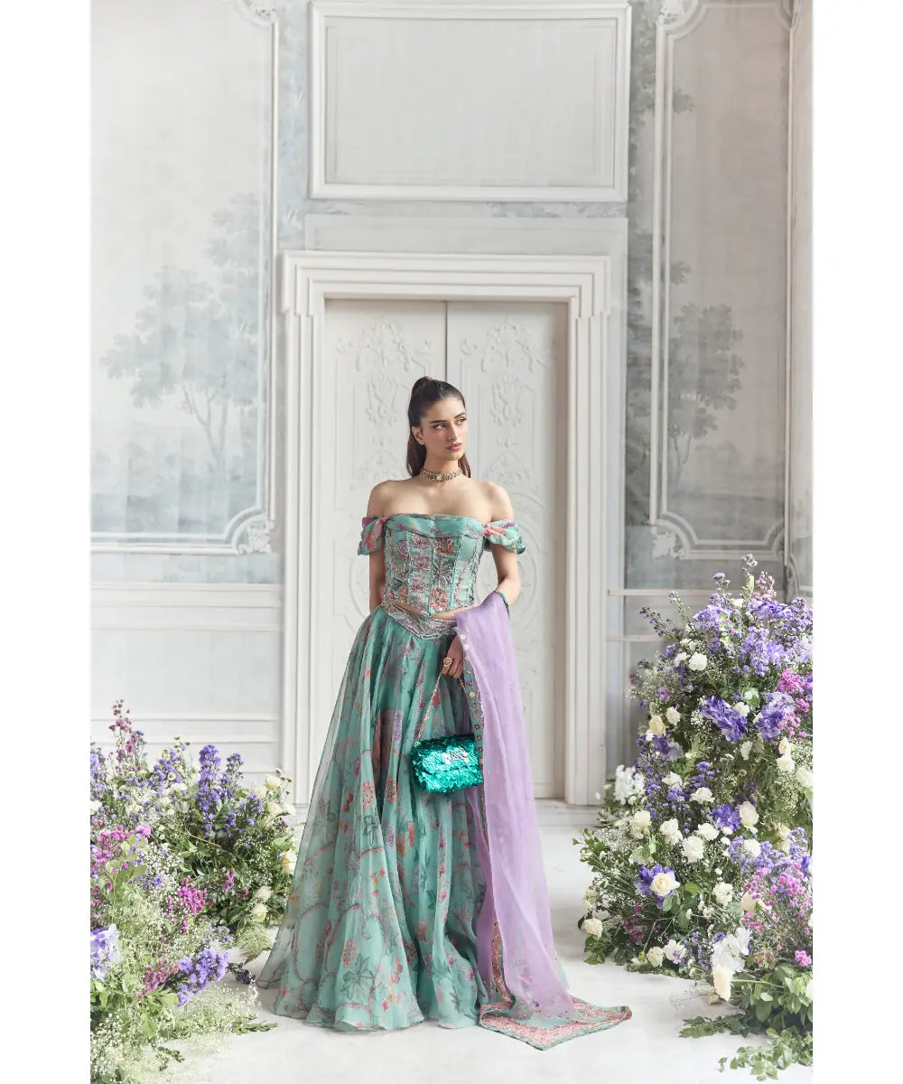 EMBROIDERED OFF SHOULDER CORSET TOP  PAIRED WITH EMBROIDERED DUPATTA AND  FLORAL LEHENGA - CAMILA