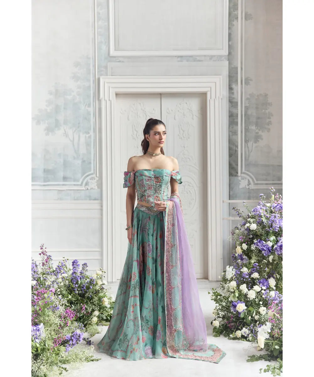 EMBROIDERED OFF SHOULDER CORSET TOP  PAIRED WITH EMBROIDERED DUPATTA AND  FLORAL LEHENGA - CAMILA
