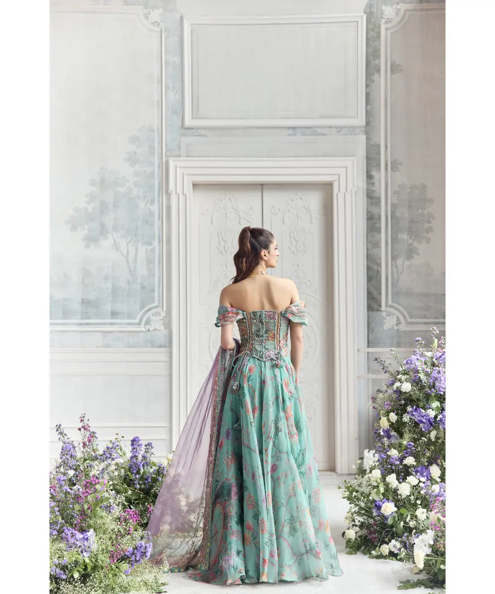 EMBROIDERED OFF SHOULDER CORSET TOP  PAIRED WITH EMBROIDERED DUPATTA AND  FLORAL LEHENGA - CAMILA