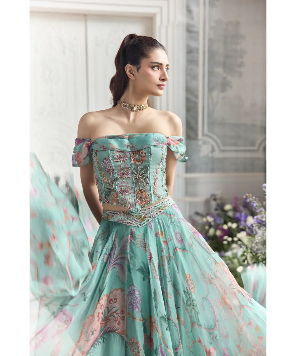 EMBROIDERED OFF SHOULDER CORSET TOP  PAIRED WITH EMBROIDERED DUPATTA AND  FLORAL LEHENGA - CAMILA