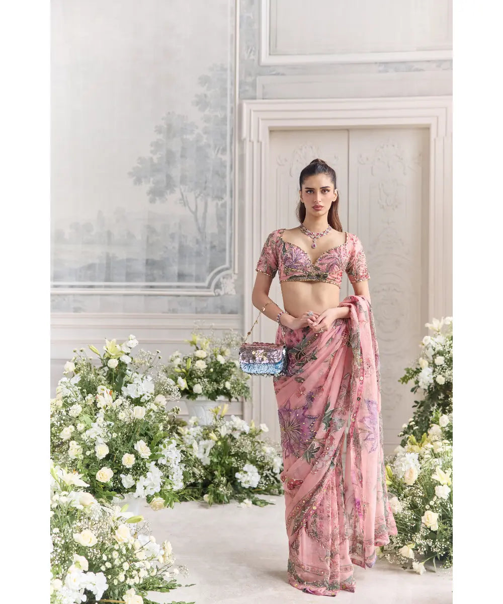 EMBROIDERED CHOLI CUT BLOUSE  PAIRED WITH EMBROIDERED PREDRAPED SAREE - CHAHAT