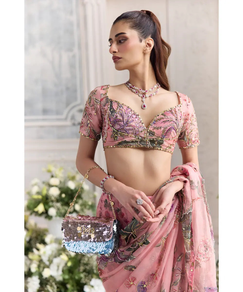 EMBROIDERED CHOLI CUT BLOUSE  PAIRED WITH EMBROIDERED PREDRAPED SAREE - CHAHAT