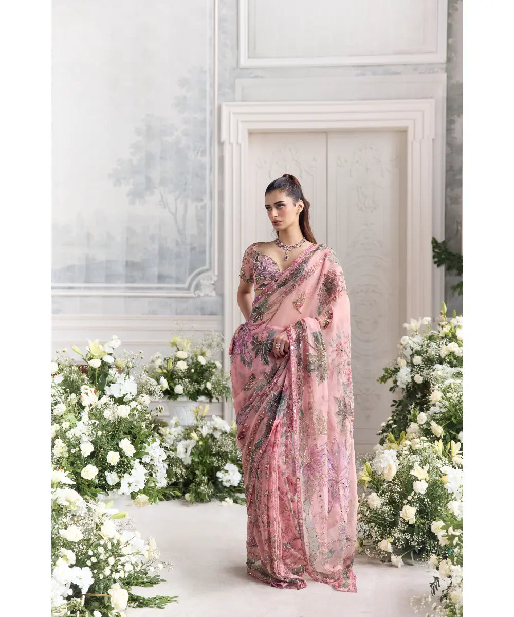 EMBROIDERED CHOLI CUT BLOUSE  PAIRED WITH EMBROIDERED PREDRAPED SAREE - CHAHAT