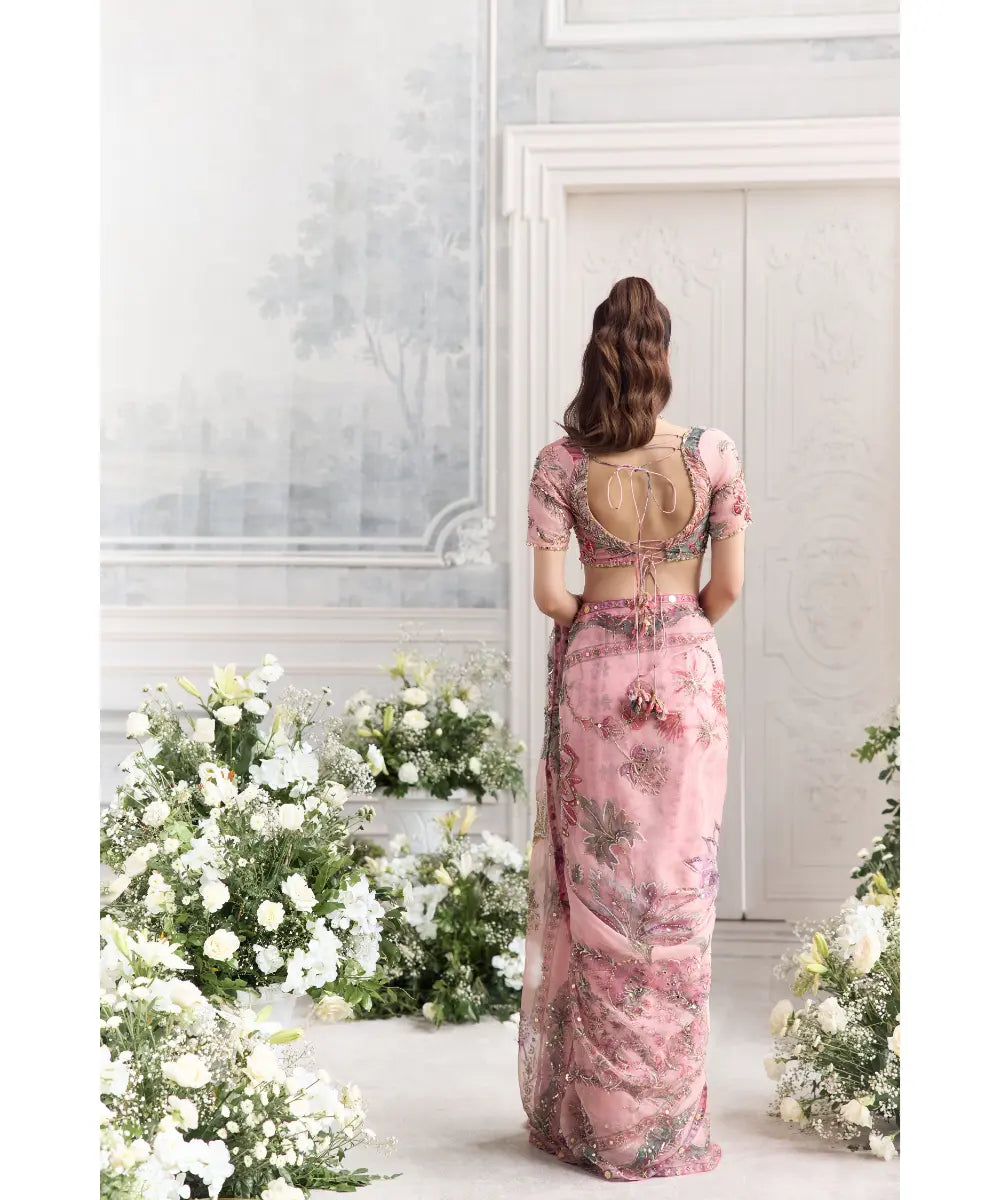 EMBROIDERED CHOLI CUT BLOUSE  PAIRED WITH EMBROIDERED PREDRAPED SAREE - CHAHAT