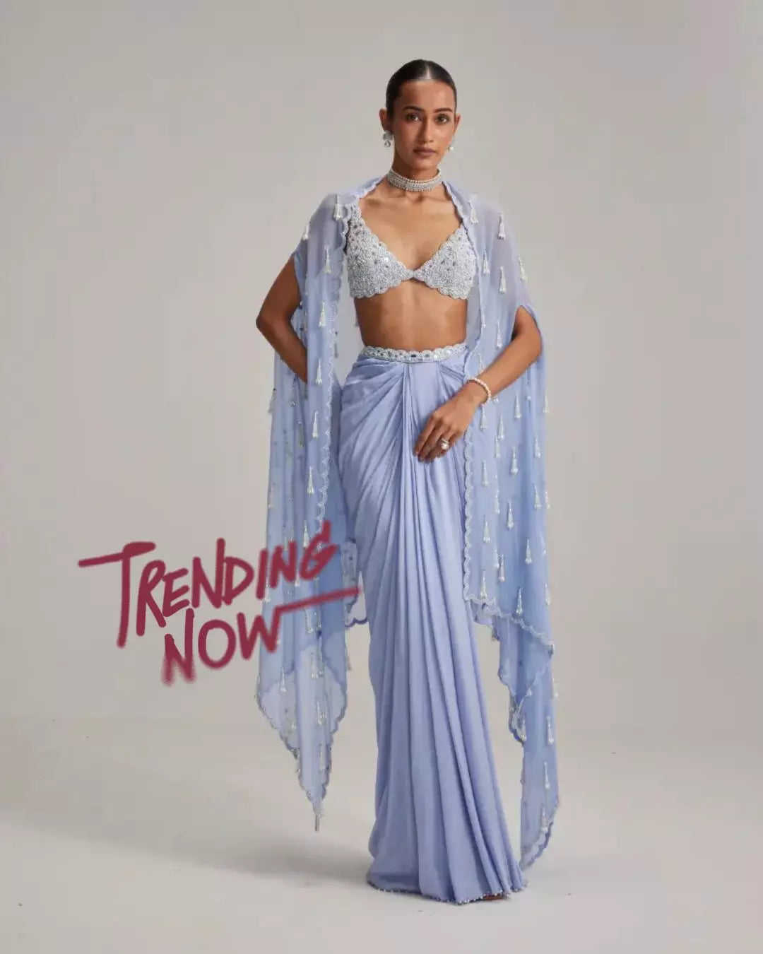 Dew Blue Cape And Satin draped skirt Set