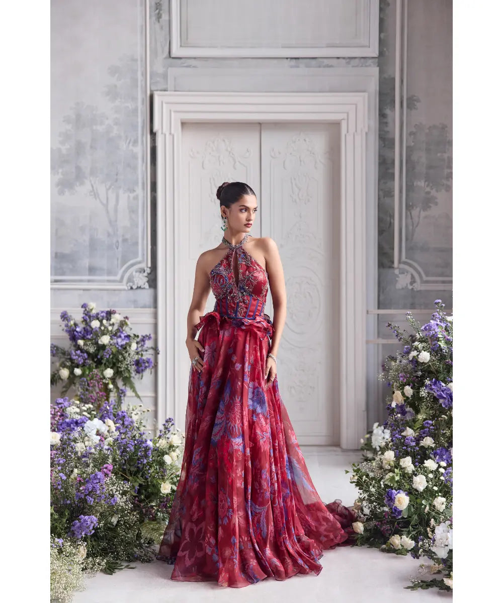 JEWELED NECK RUFFLED CORSET TOP PAIRED WITH FLORAL LEHENGA - ELSA