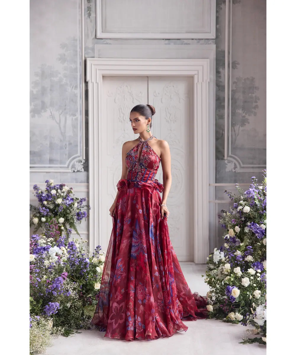 JEWELED NECK RUFFLED CORSET TOP PAIRED WITH FLORAL LEHENGA - ELSA