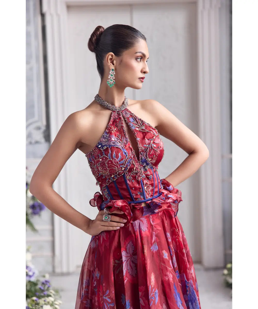 JEWELED NECK RUFFLED CORSET TOP PAIRED WITH FLORAL LEHENGA - ELSA