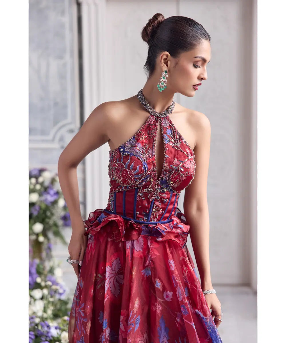 JEWELED NECK RUFFLED CORSET TOP PAIRED WITH FLORAL LEHENGA - ELSA