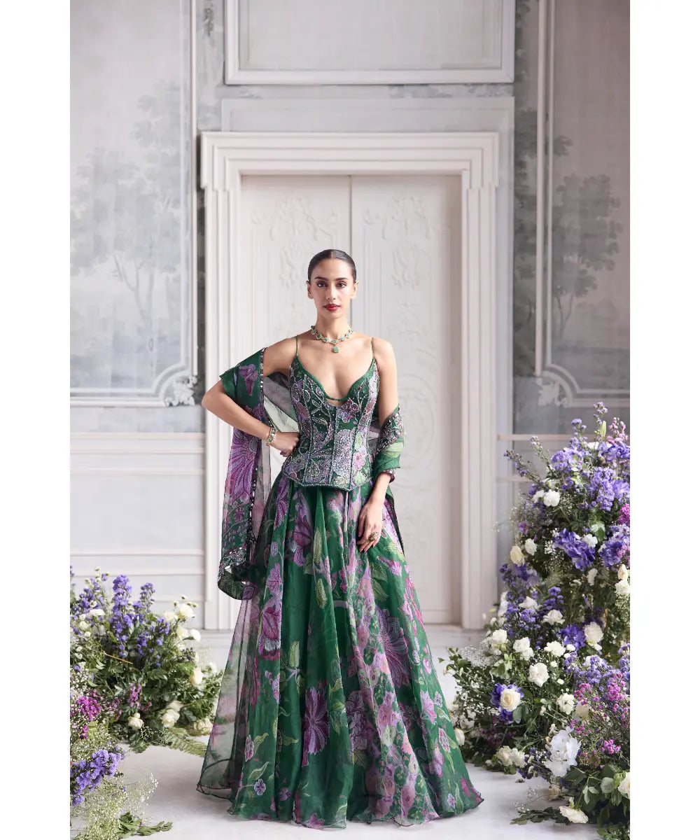 EMBRODIERED PANELLED CORSET TOP PAIRED WITH EMBROIDERED DUPATTA AND FLORAL LEHENGA - ESRA