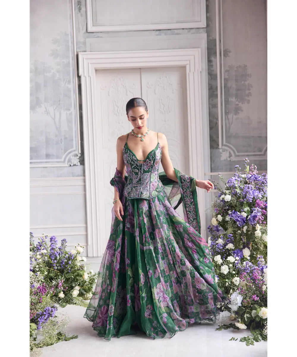 EMBRODIERED PANELLED CORSET TOP PAIRED WITH EMBROIDERED DUPATTA AND FLORAL LEHENGA - ESRA