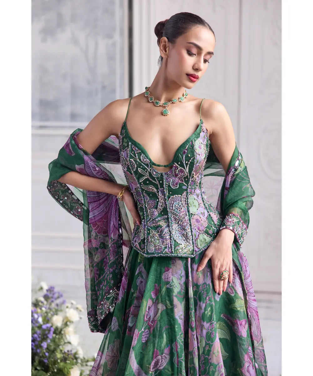 EMBRODIERED PANELLED CORSET TOP PAIRED WITH EMBROIDERED DUPATTA AND FLORAL LEHENGA - ESRA