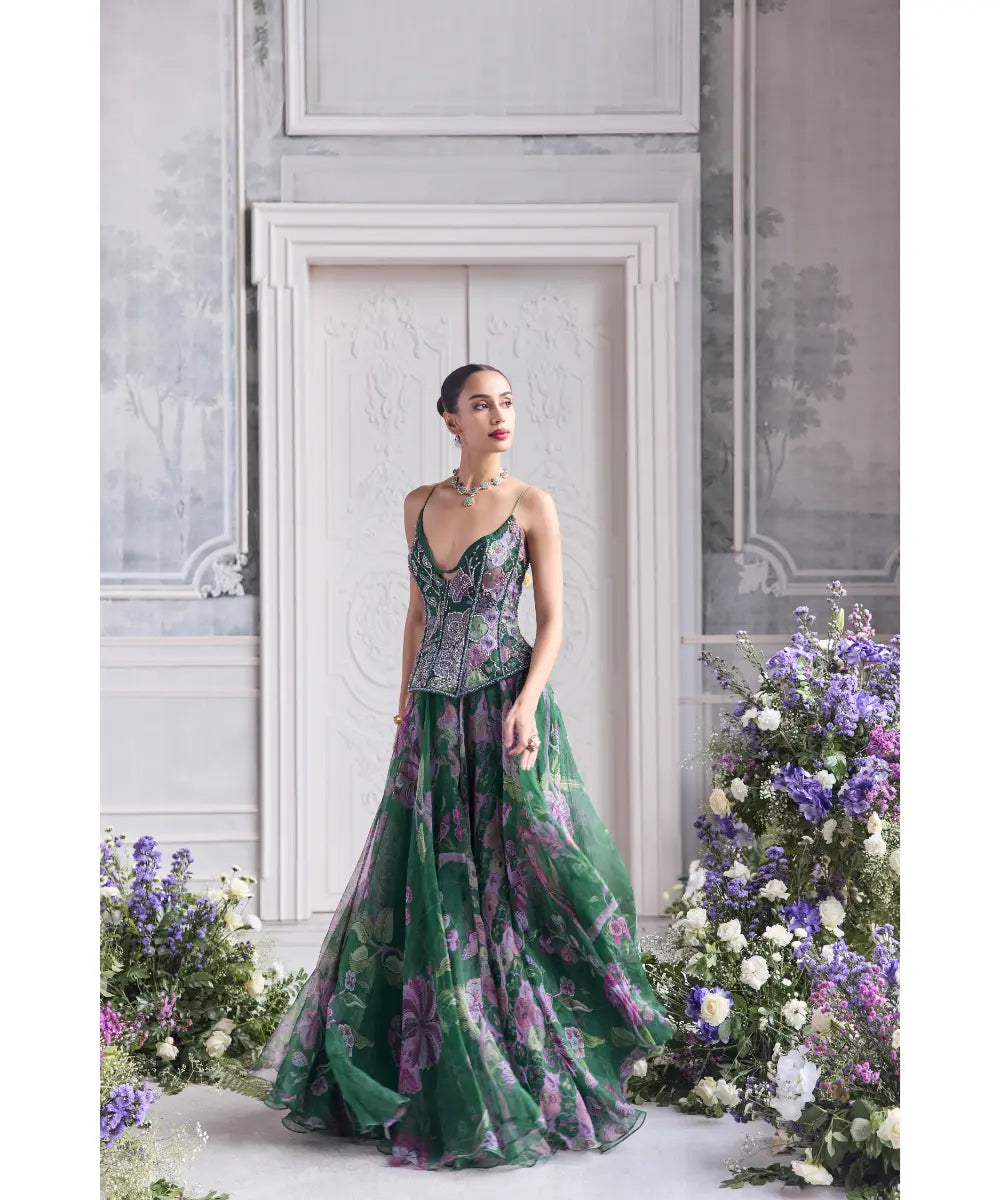 EMBRODIERED PANELLED CORSET TOP PAIRED WITH EMBROIDERED DUPATTA AND FLORAL LEHENGA - ESRA