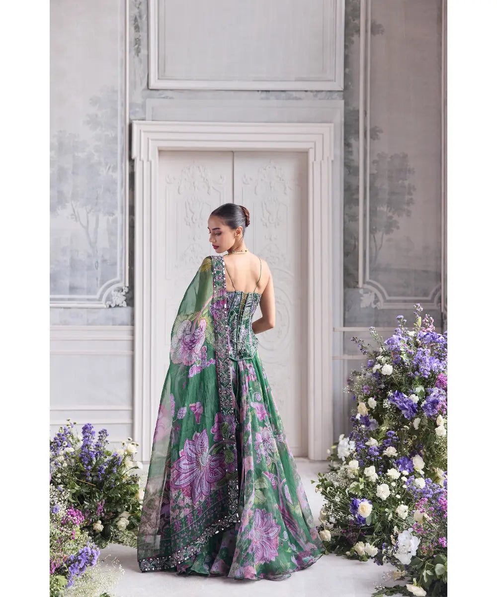 EMBRODIERED PANELLED CORSET TOP PAIRED WITH EMBROIDERED DUPATTA AND FLORAL LEHENGA - ESRA