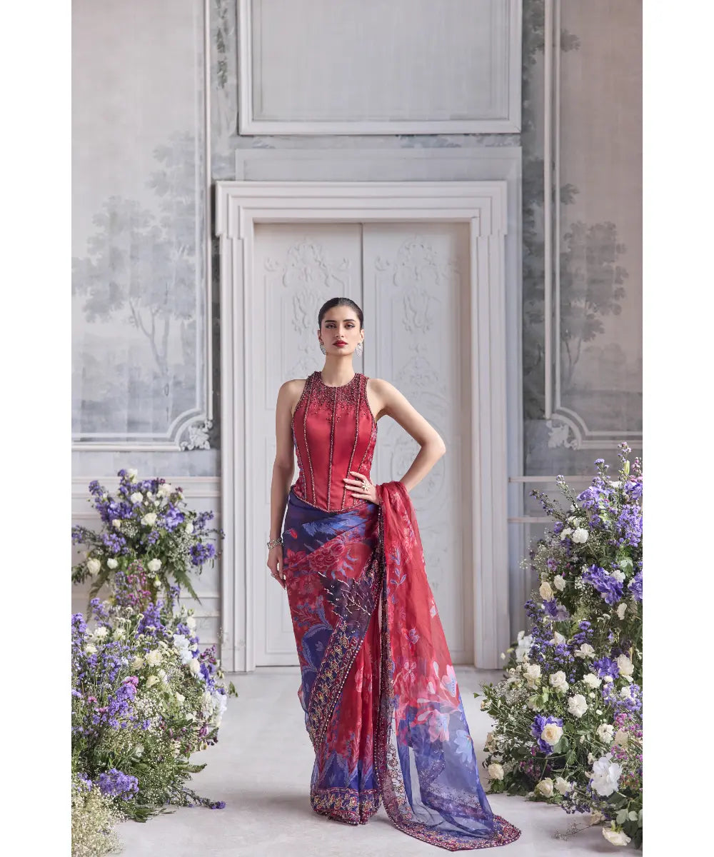 EMBROIDERED RACER BACK CORSET PAIRED WITH EMBRODIERED PREDRAPED SAREE - FARISHA
