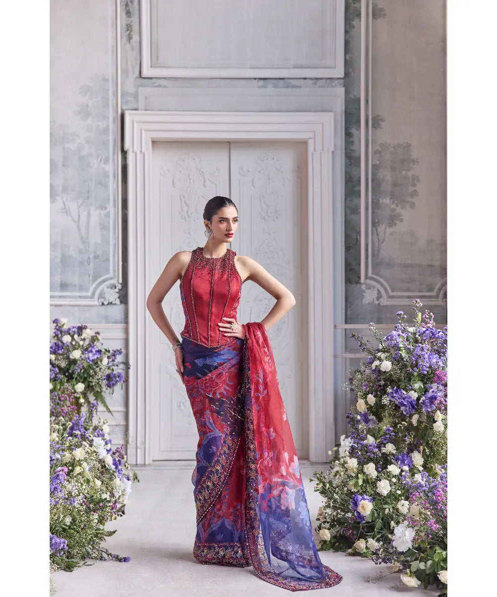 EMBROIDERED RACER BACK CORSET PAIRED WITH EMBRODIERED PREDRAPED SAREE - FARISHA
