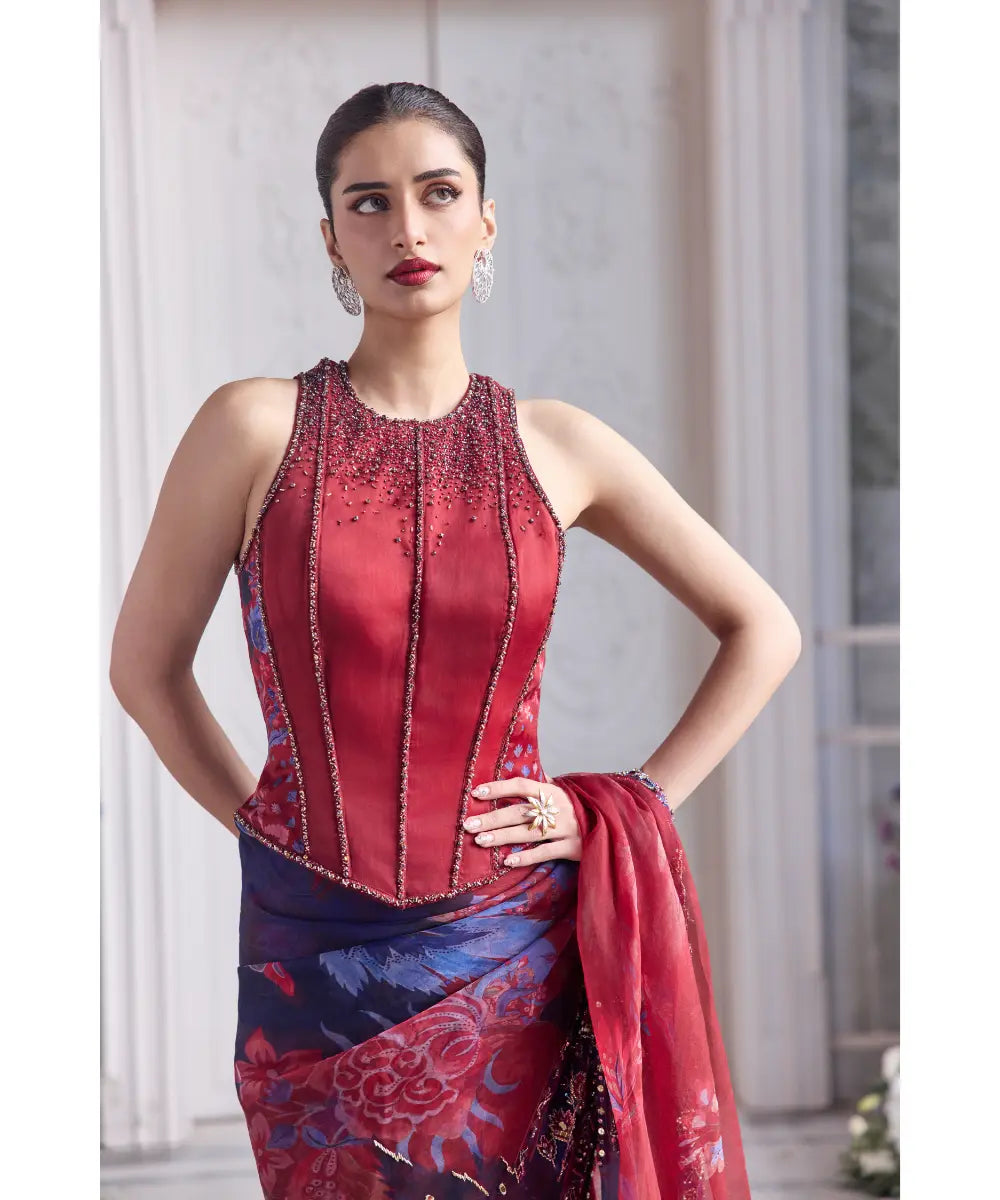 EMBROIDERED RACER BACK CORSET PAIRED WITH EMBRODIERED PREDRAPED SAREE - FARISHA