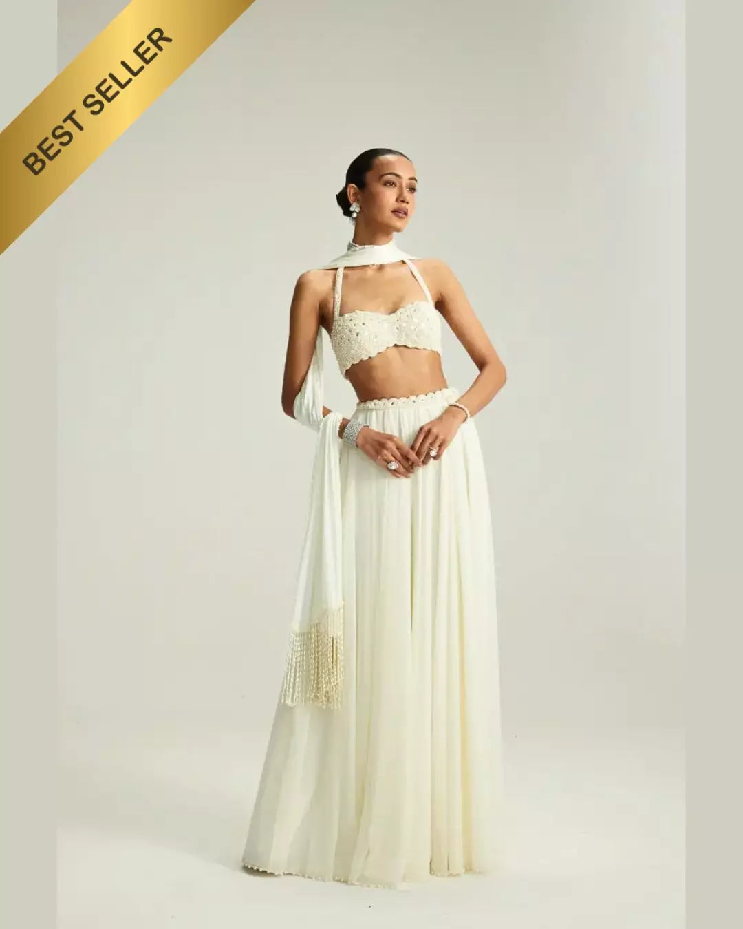 Off White Skirt Set With Halter Neck Blouse