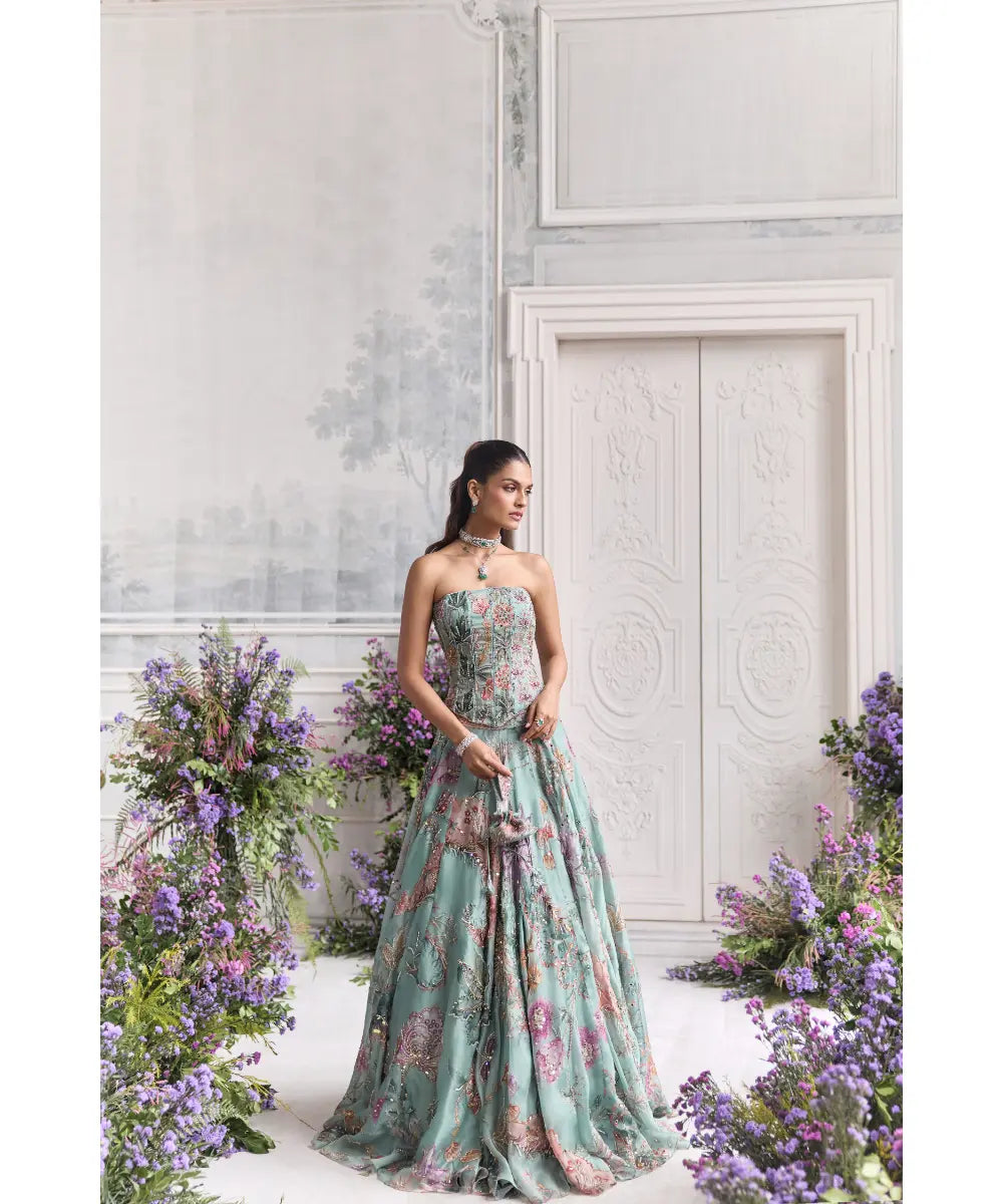 Jade Green Corset  With Embroidered Lehenga - Ilana