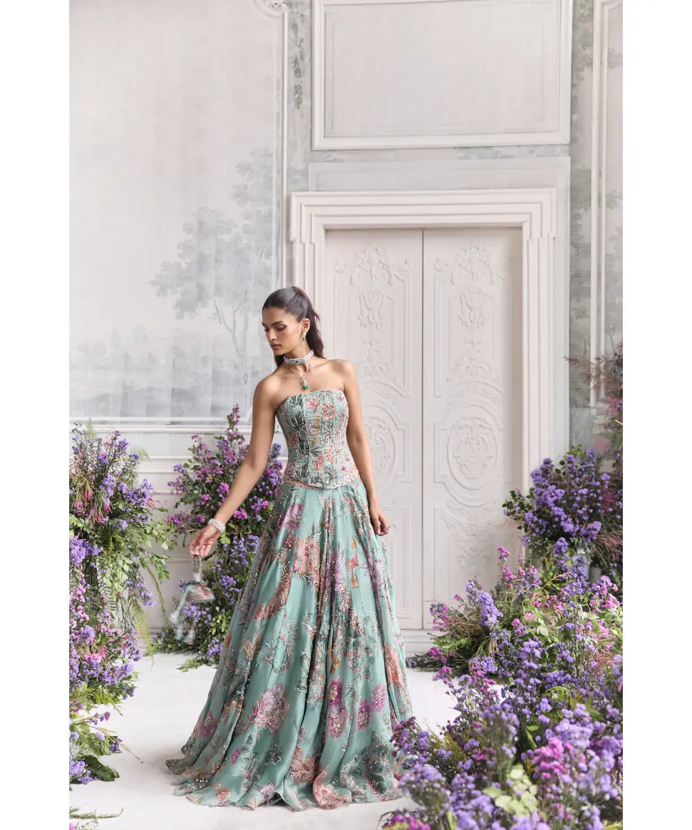 Jade Green Corset  With Embroidered Lehenga - Ilana