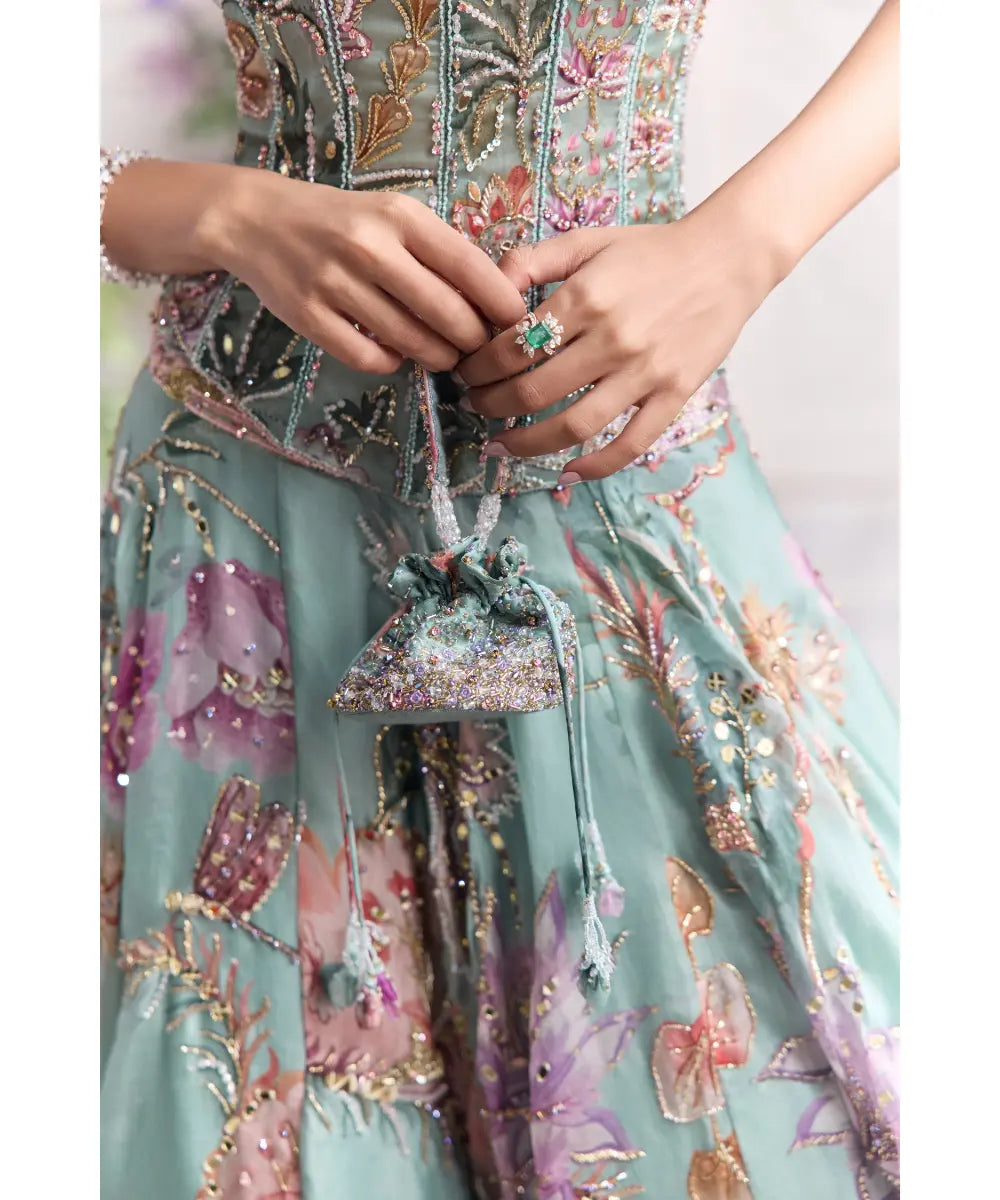Jade Green Corset  With Embroidered Lehenga - Ilana