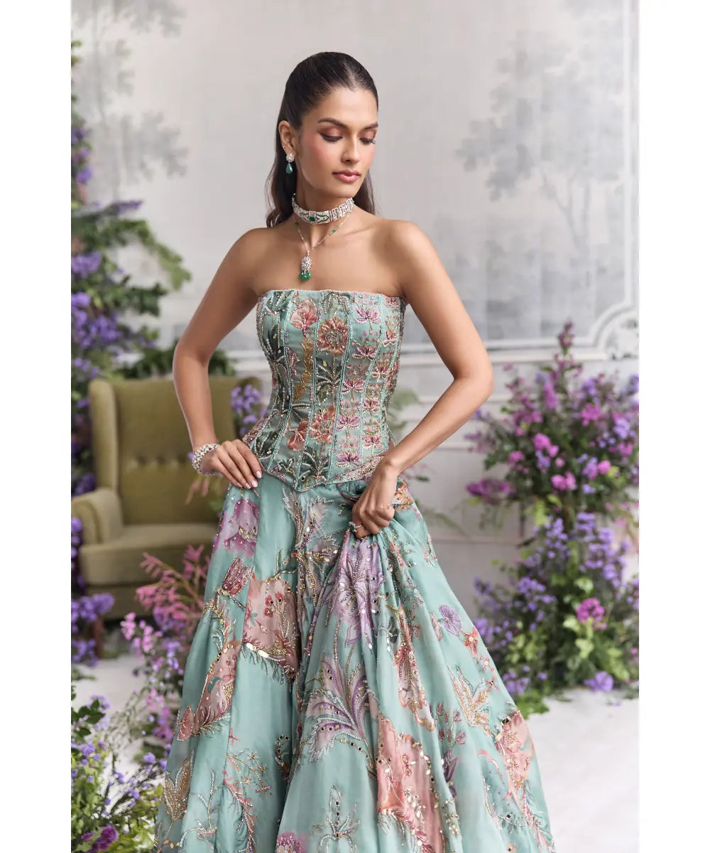 Jade Green Corset  With Embroidered Lehenga - Ilana