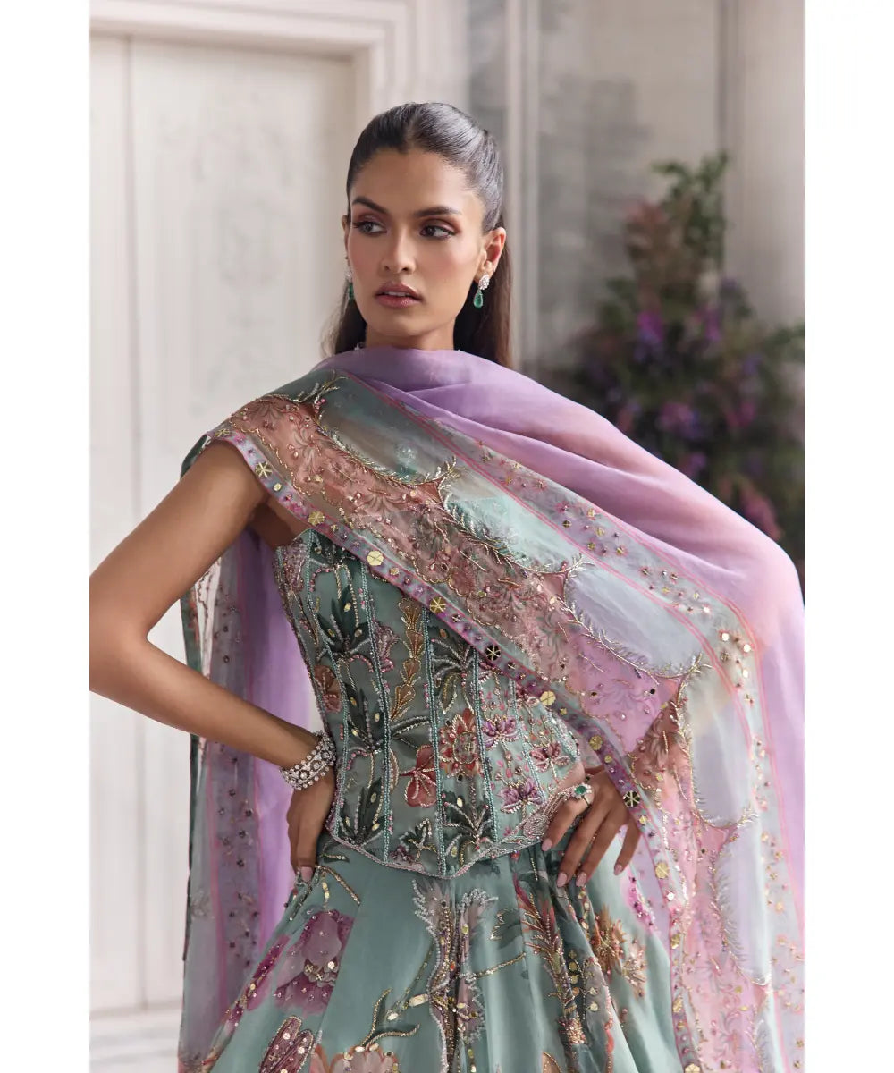 Jade Green Corset  With Embroidered Lehenga - Ilana
