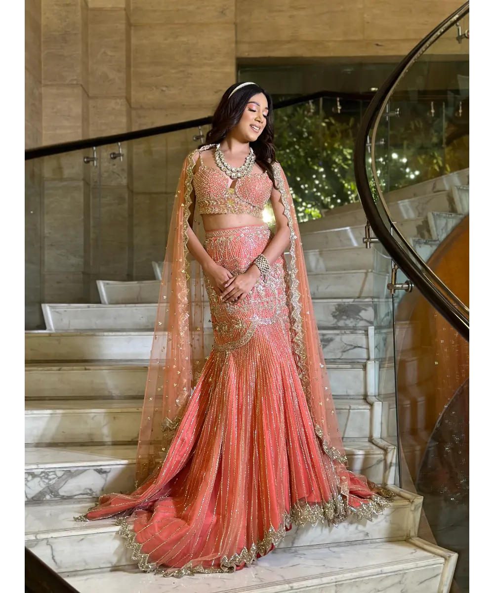 ISA BY DOLLY WAHAL - Coral Fishcut Lehenga