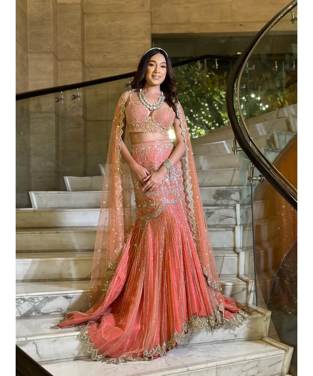 ISA BY DOLLY WAHAL - Coral Fishcut Lehenga