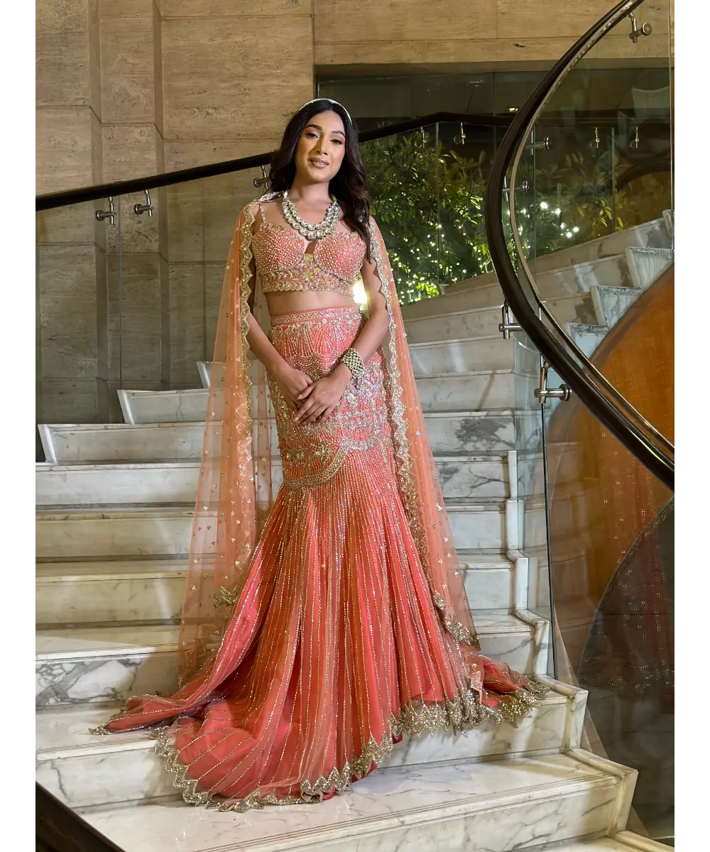 ISA BY DOLLY WAHAL - Coral Fishcut Lehenga