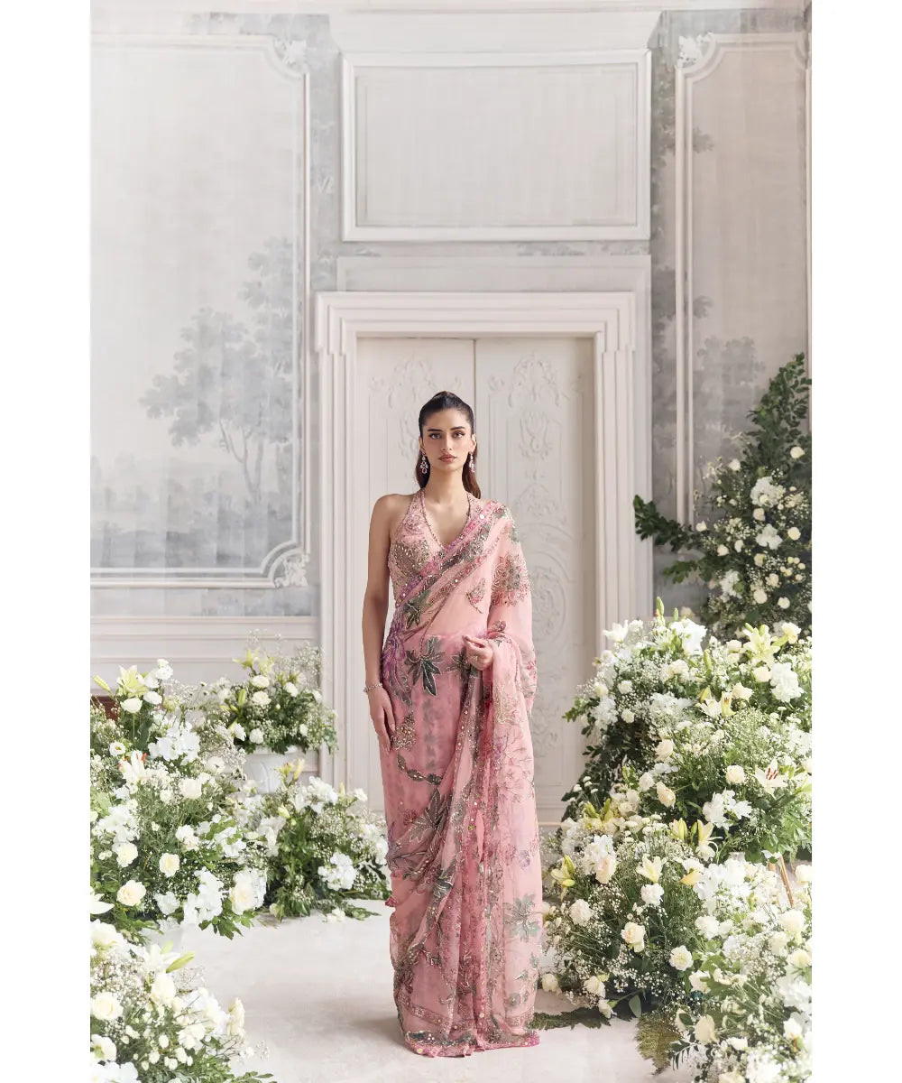 EMBROIDERED HALTER NECK BLOUSE  PAIRED WITH PREDRAPED SAREE - ITR