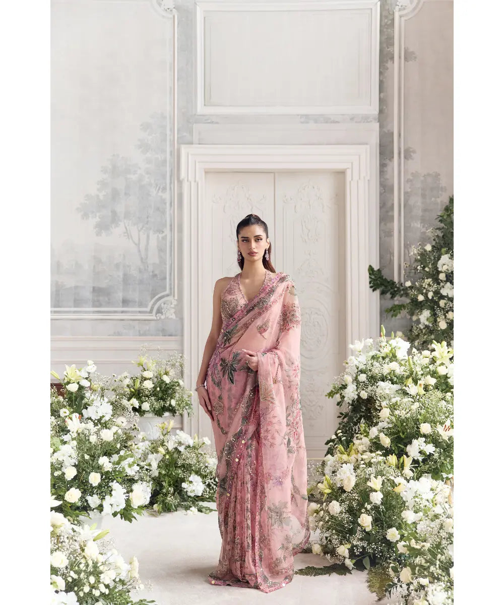 EMBROIDERED HALTER NECK BLOUSE  PAIRED WITH PREDRAPED SAREE - ITR