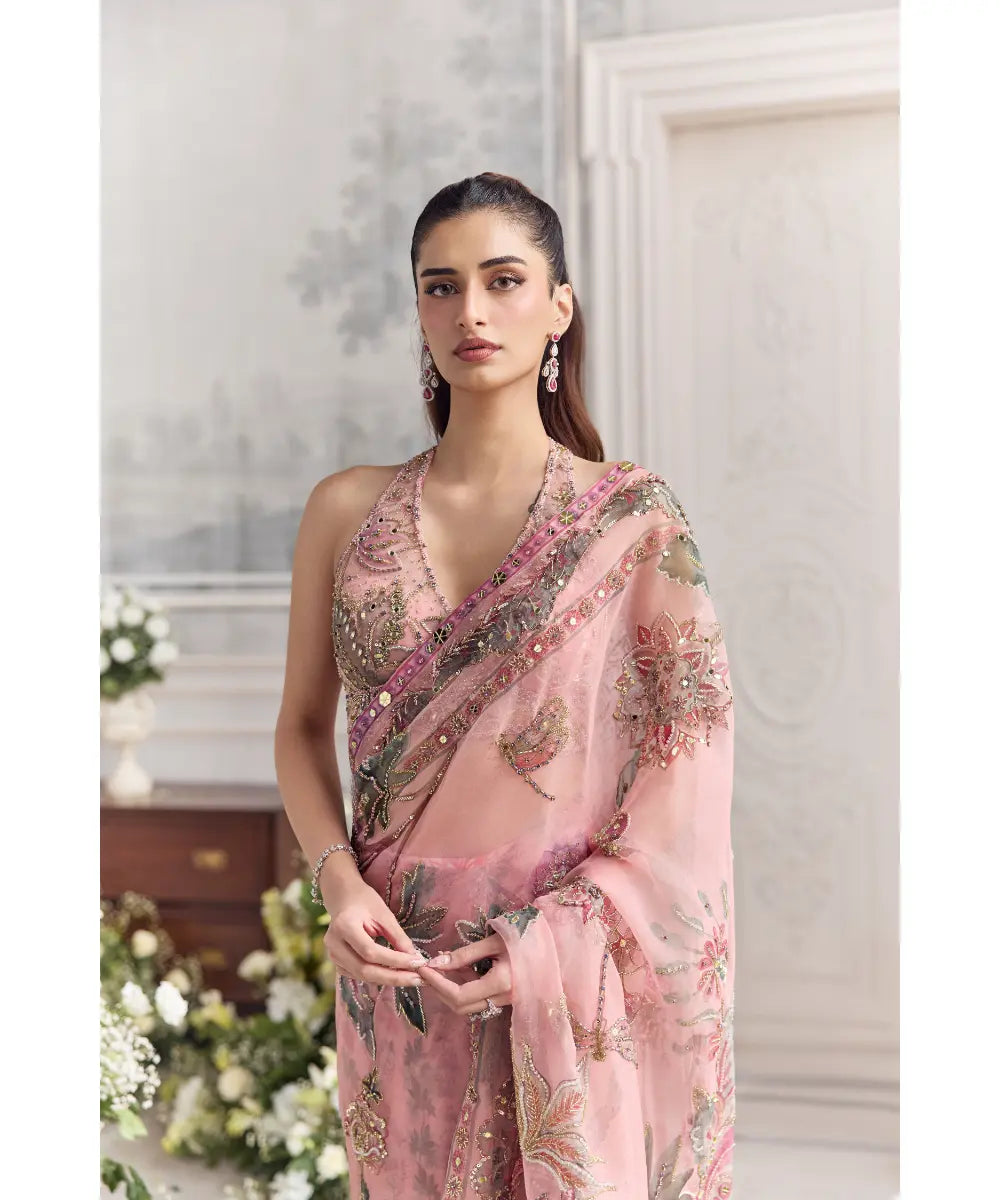 EMBROIDERED HALTER NECK BLOUSE  PAIRED WITH PREDRAPED SAREE - ITR
