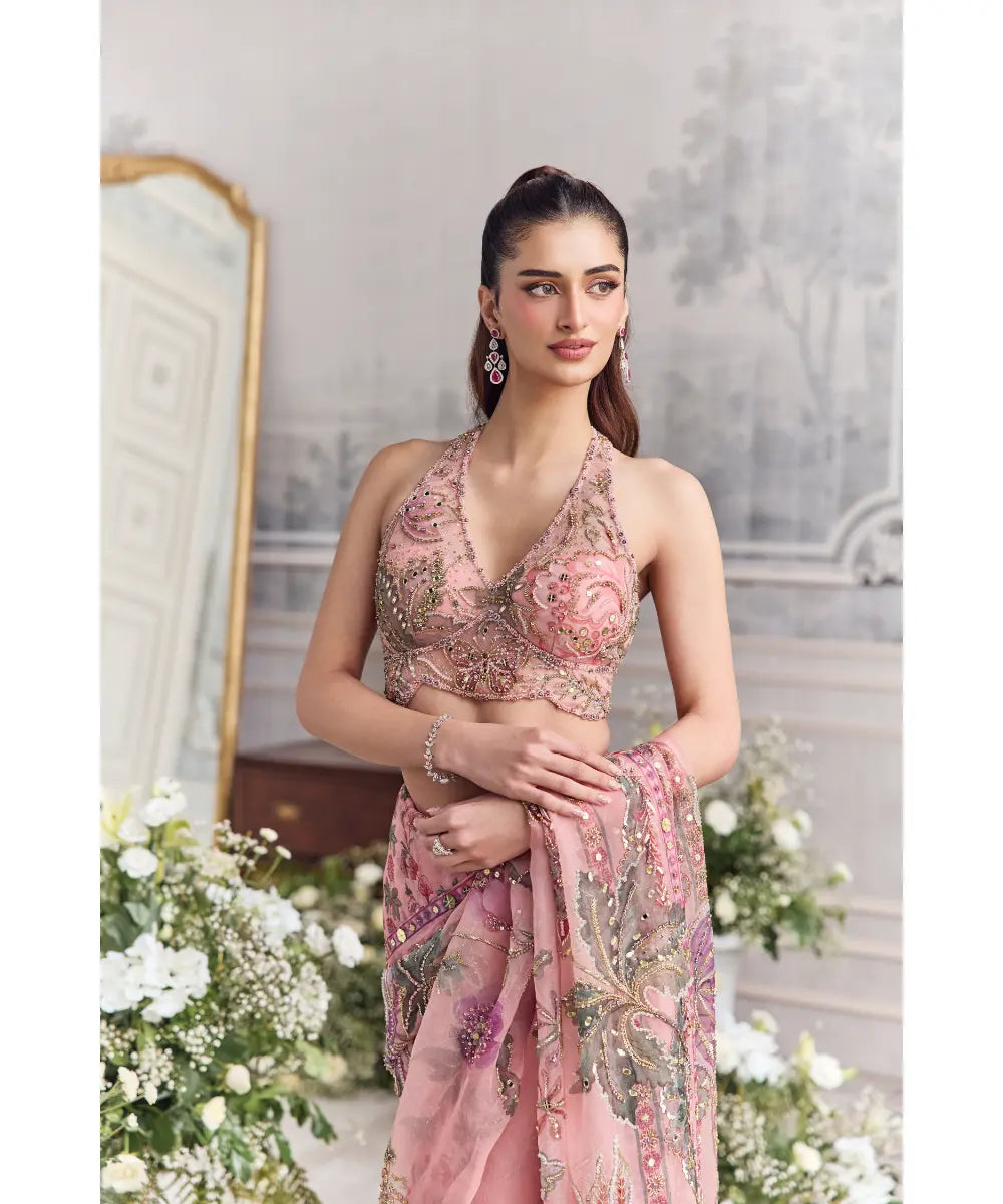 EMBROIDERED HALTER NECK BLOUSE  PAIRED WITH PREDRAPED SAREE - ITR